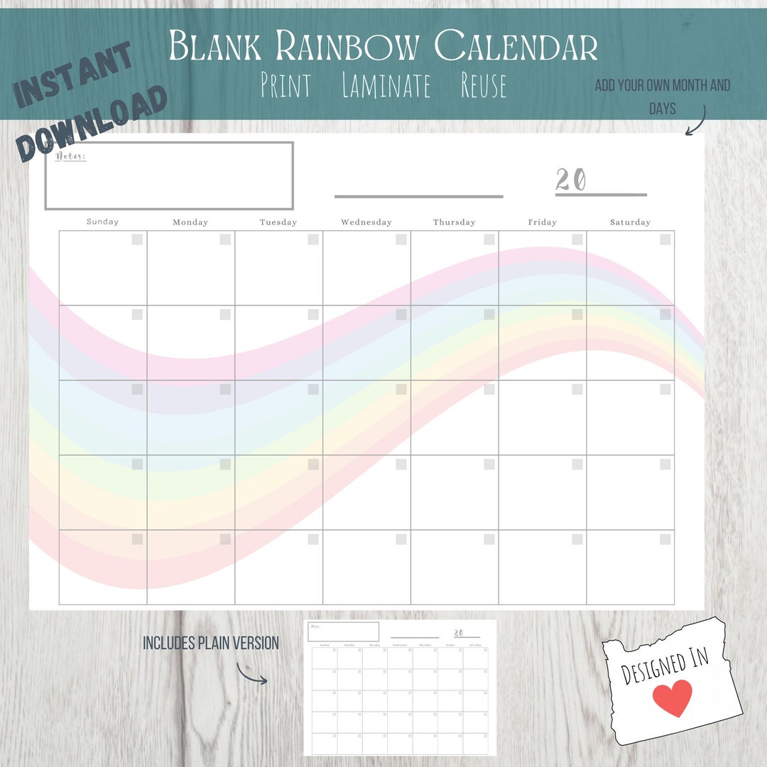 Blank Rainbow Printable Calendar Sheet - Etsy