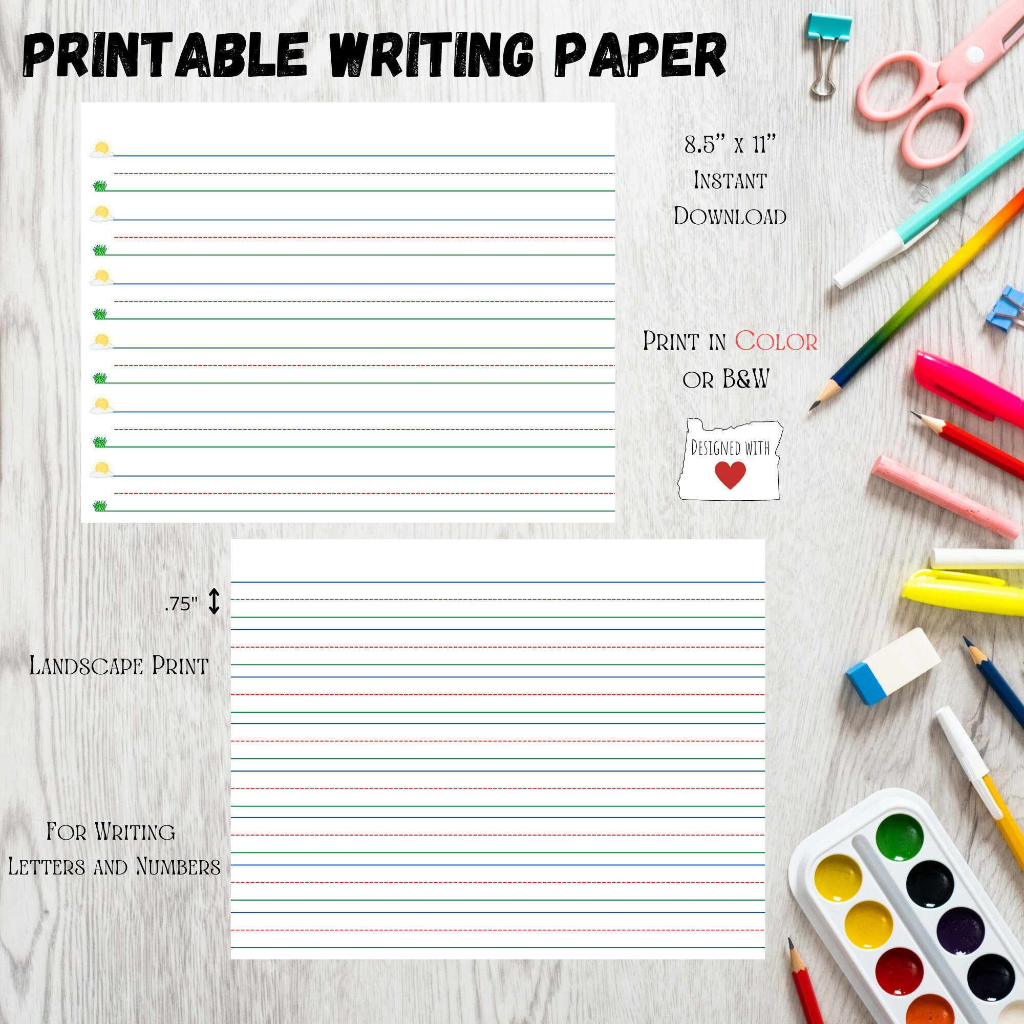 Printable Writing Practice Paper .75" Rule | Colored Lines and Picture ...