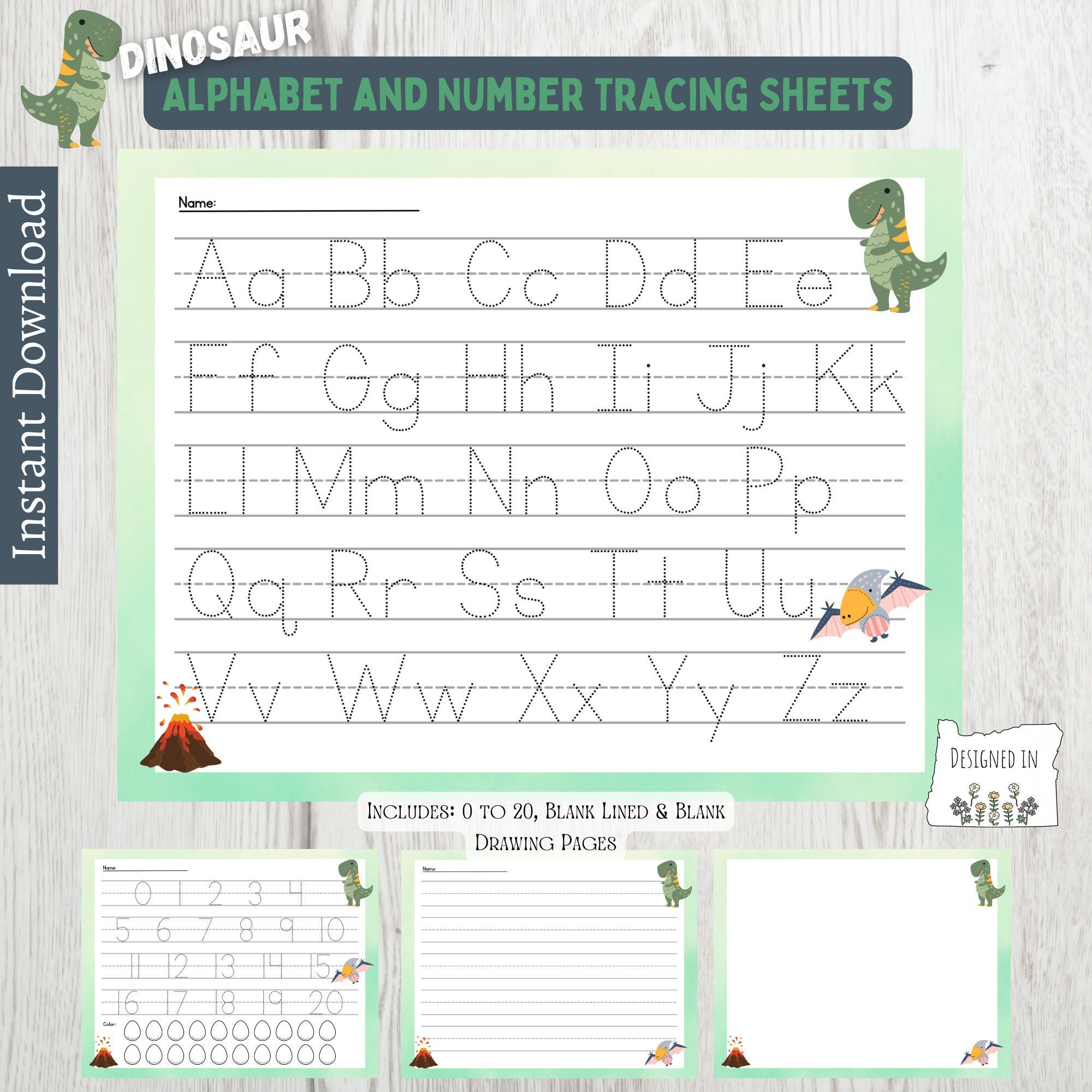 Alphabet and Number Tracing Worksheet Printable | Kindergarten ABC Letter Practice Page Uppercase and Lowercase | 0 to 20 Numbers | Dinosaur