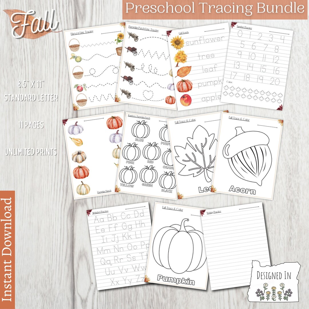 Fall Tracing Worksheets for Preschool and Toddler Curriculum