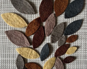 100% wool felt leaves. 24 pieces. Brown and grey tones