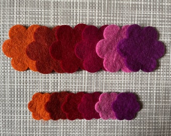 Red and pink tone 100% wool felt flowers. 12 pack. 10cm & 6cm