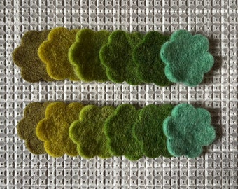 Green tones 100% wool felt flowers. 12 pack. 4cm