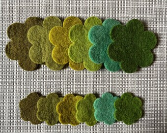 Green tones 100% wool felt flowers. 12 pack. 10cm & 6cm