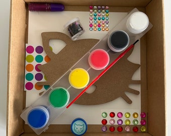 Wooden Cat painting and decorating activity box. ready to paint, wood, craft kits for kids, paint party, paint set,