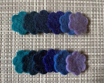 Blue, green and purple tones 100% wool felt flowers. 12 pack. 4cm