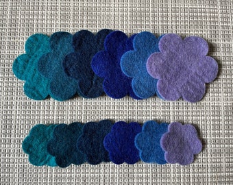 Blue and Green tone 100% wool felt flowers. 12 pack. 10cm & 6cm