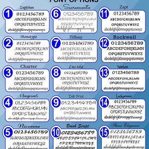 May include: A font options chart displaying fifteen numbered styles, each featuring the numbers 0-9, uppercase letters A-Z, and lowercase letters a-z. The chart includes typefaces such as Zapfchan, Sacramento, Zapt, Monotype, Tiffany, Rockwell, Charter, Lucida, Tekton, Haypearl, Ink Free, Luckymoon, Niconne, Brush Script, and Sheer Elegance.