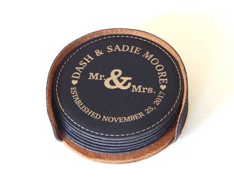 Personalized Couple Coasters - Gift for Wedding - Anniversary Gift  - Leather Engraved Coaster Set, CAS016