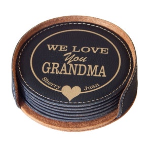 Personalized Leather Coasters with Holder Black Coaster Set of 6 Engraved, CAS005 image 1