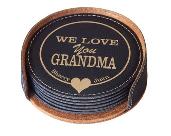 Personalized Leather Coasters with Holder - Black Coaster Set of 6 Engraved, CAS005