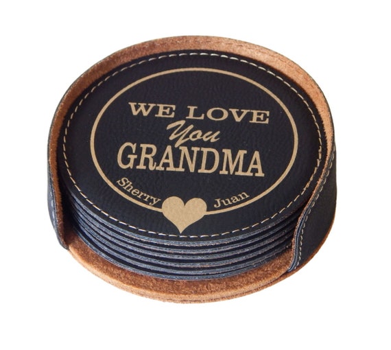 Engraved Grandma Present: Personalized Leather Coasters, CAS005