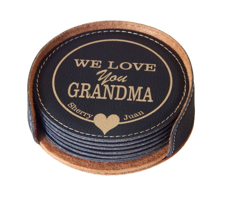 Engraved Grandma Present: Personalized Leather Coasters, CAS005 image 1