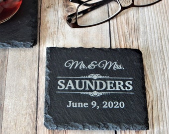 Engraved Slate Coasters - Personalized Wedding Gift for Couple - Custom Anniversary Gifts - Drink Coasters Set  SB