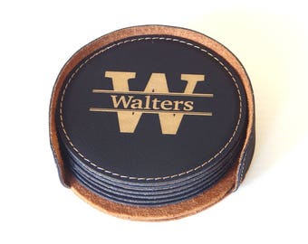 New Home Housewarming Gift - Personalized Gift for Couple - Leather Coasters and Holder, CAS017