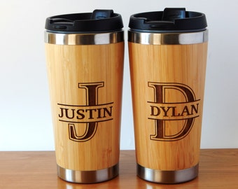 Monogram engraved Tumbler Travel Mug - Personalized Bamboo Tumblers - Stainless Monogrammed Coffee Cup, Groomsman Gifts