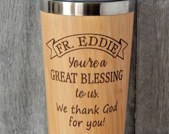 Engraved Wood Cup Gift for Catholic Priest | Personalized Travel Coffee Mug | Custom Birthday Gift | Wedding Gifts for Pastor Christmas Gift