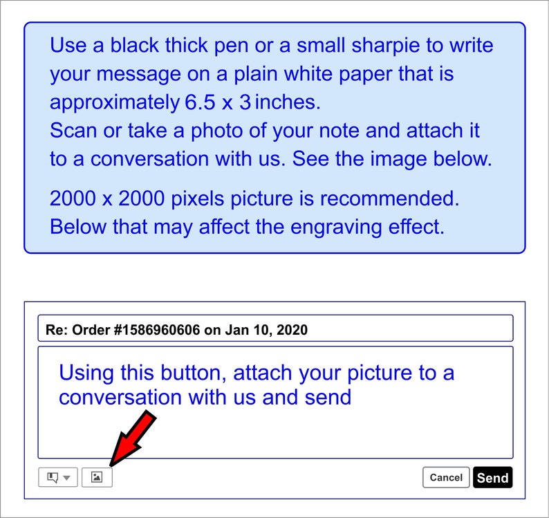 May include: An instructional graphic with blue text on a white background. The text provides instructions for submitting a custom note, including using a black pen on 6.5 x 3 inch paper, scanning the note, and using the image attachment button.