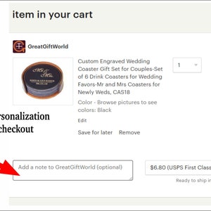 May include: Set of six black coasters with a gold inscription that reads "Mr. & Mrs."  The coasters are packaged in a clear plastic box.  The coasters are for wedding favors.