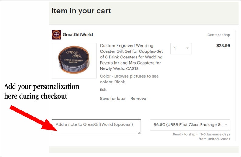May include: Set of six black coasters with a gold inscription that reads "Mr. & Mrs."  The coasters are packaged in a clear plastic box.  The coasters are for wedding favors.