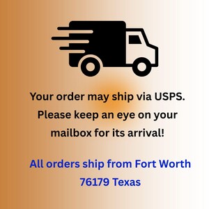 May include: A black graphic icon of a delivery truck positioned above text that reads: Your order may ship via USPS. Please keep an eye on your mailbox for its arrival! All orders ship from Fort Worth 76179 Texas. The background is a gradient.