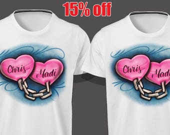 Couples chained hearts shirts,Airbrush Shirt, Valentines Shirt, couples shirt, Gift for Valentines, Parchen pullover, His Her shirts