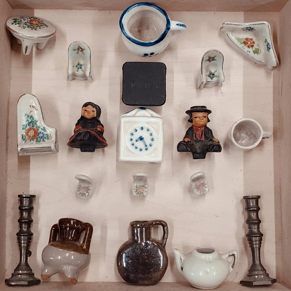 Vintage Smalls - small , miniatures, i spy, display pieces, ceramic, metal, plastic, figures, tiny doll house, furniture, tea cup pot, vase