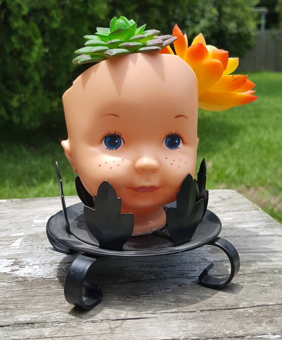 Hand painted little porcelain doll head planter with large air plant Something different for Halloween.