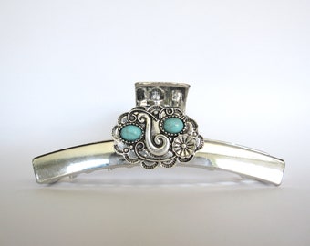 Long shiny turquoise blue silver western design metal native tribal hair claw clip