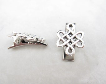 Set of 2 extra tiny small silver celtic knot flower metal alligator hair clip for fine thin hair