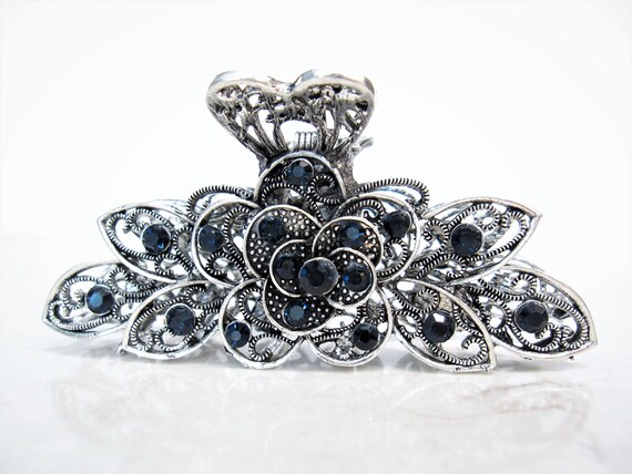 Metal Hair Claw Clip Crystal Diamante Blue Rhinestone Antique Silver Hair Clip Metal Hair Claw Clip Crystal Diamante Blue Rhinestone Antique Silver Hair Clip