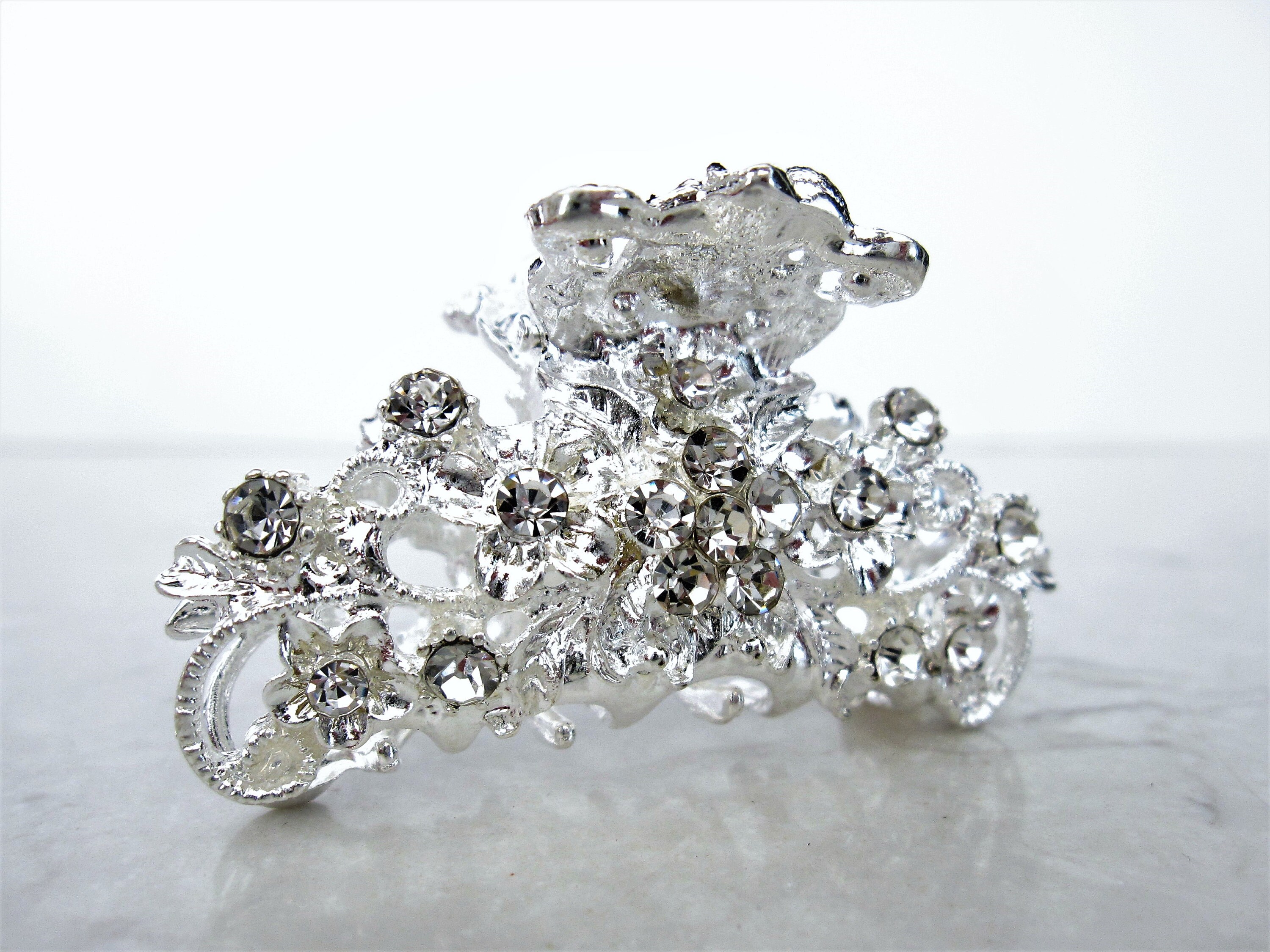 Silver Metal Flowers and Leaves Crystal Hair Claw Bridal Clip Etsy