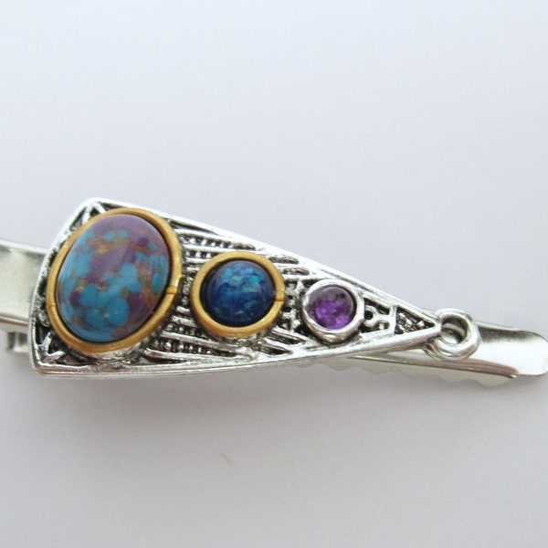 Small turquoise blue and purple stone metal alligator hair clip fine thin hair