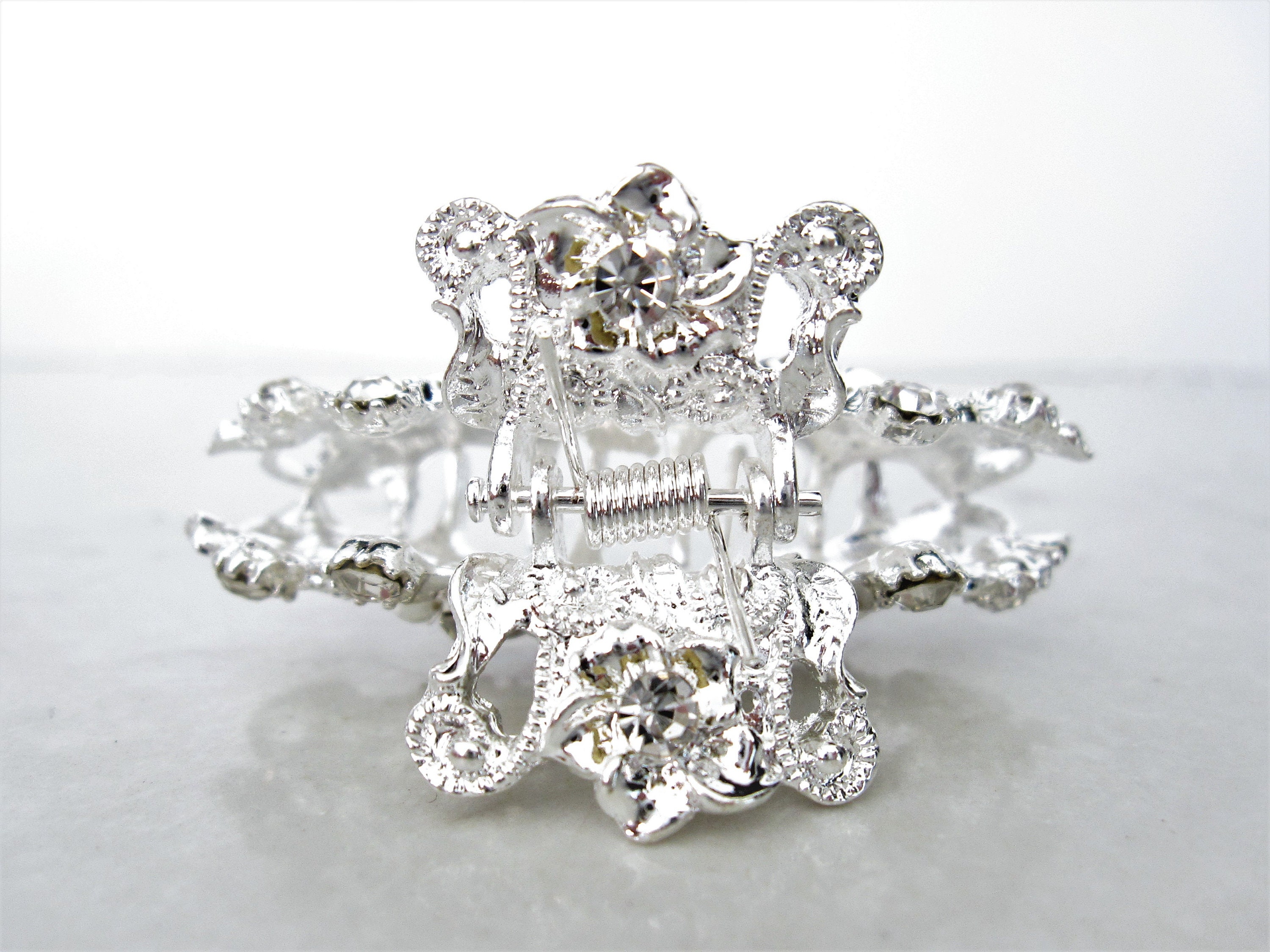 Silver Metal Flowers and Leaves Crystal Hair Claw Bridal Clip Etsy