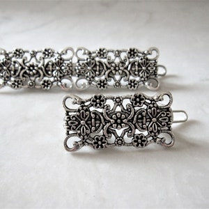 Small or medium silver metal filigree hair pin clip barrette  for fine thin hair