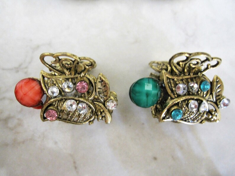 Small metal antique bronze jeweled hair claw clips steampunk Etsy
