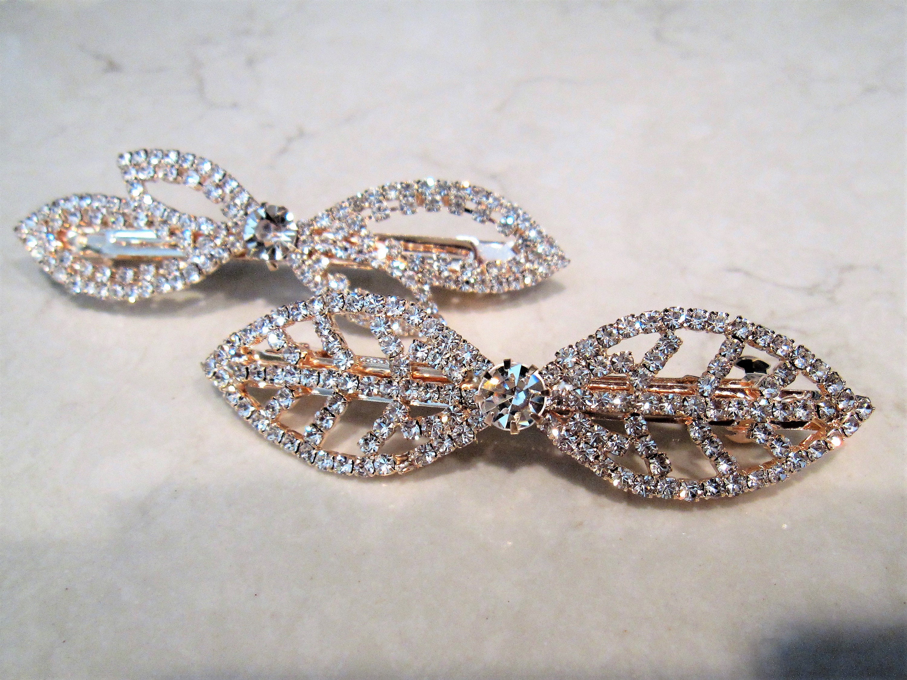 Slim leaf or bow shaped crystal hair barrette clip bridal | Etsy