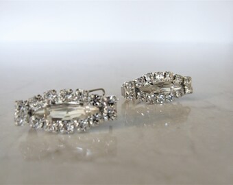 Two small tiny clear oval crystal hair pin clip barrettes fine hair