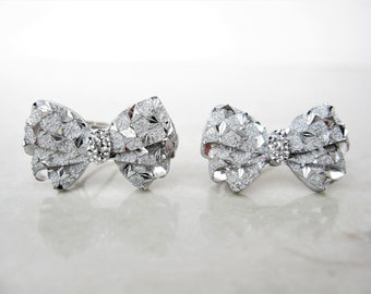 Two small tiny sparkle silver bow crystal hair pin clip barrettes fine hair