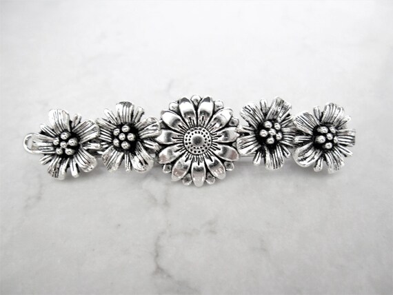 Silver celtic rose flower metal hair pin clip barrette for fine thin hair