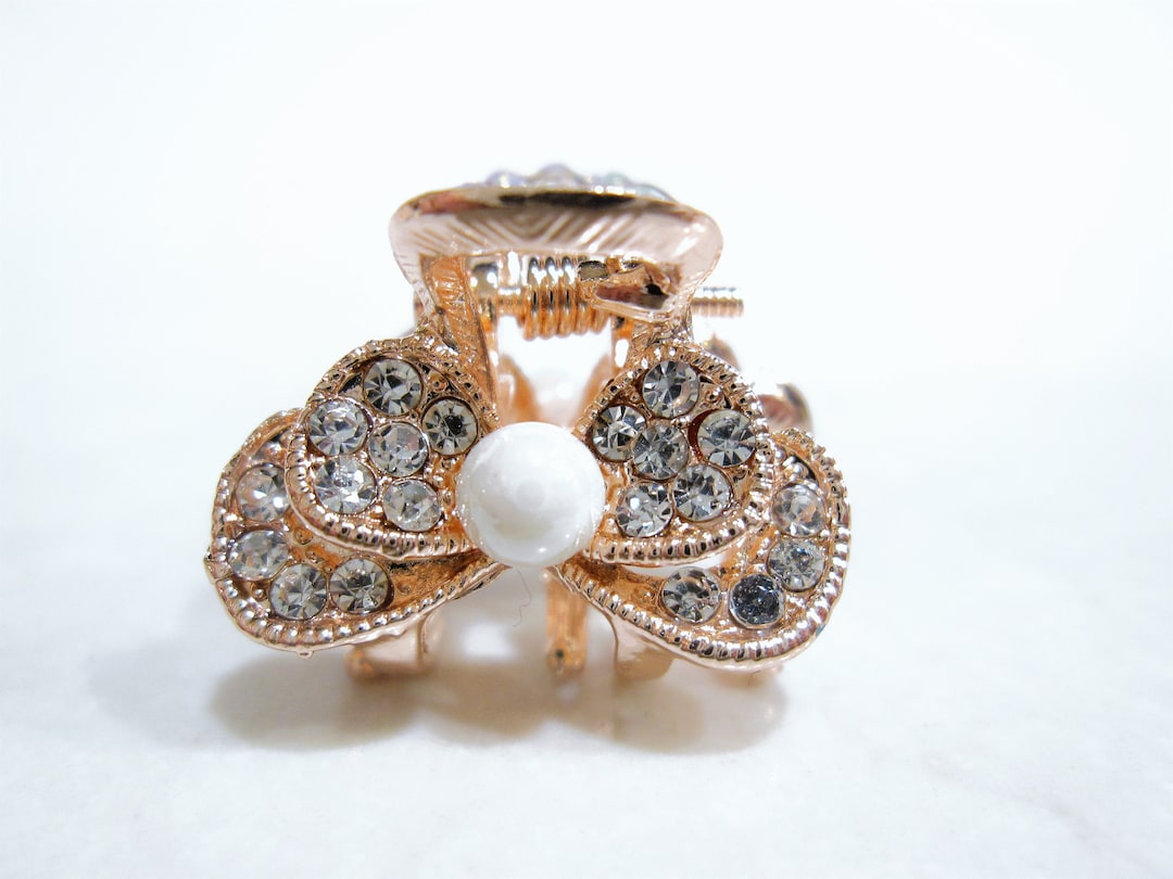 Small Mini Rose Gold Bow Hair Claw Clip With Pearl and Etsy