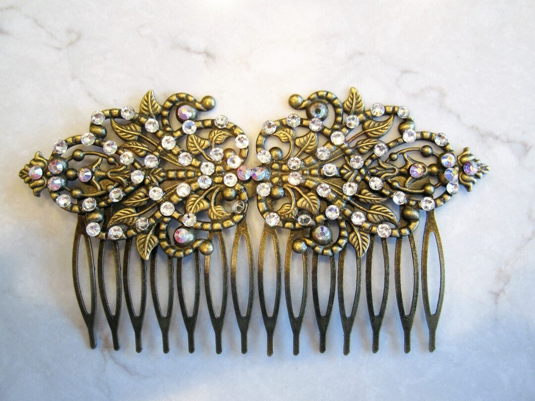 Antique Bronze Hair Comb With Swarovski Crystals Barrette Clip Bridal