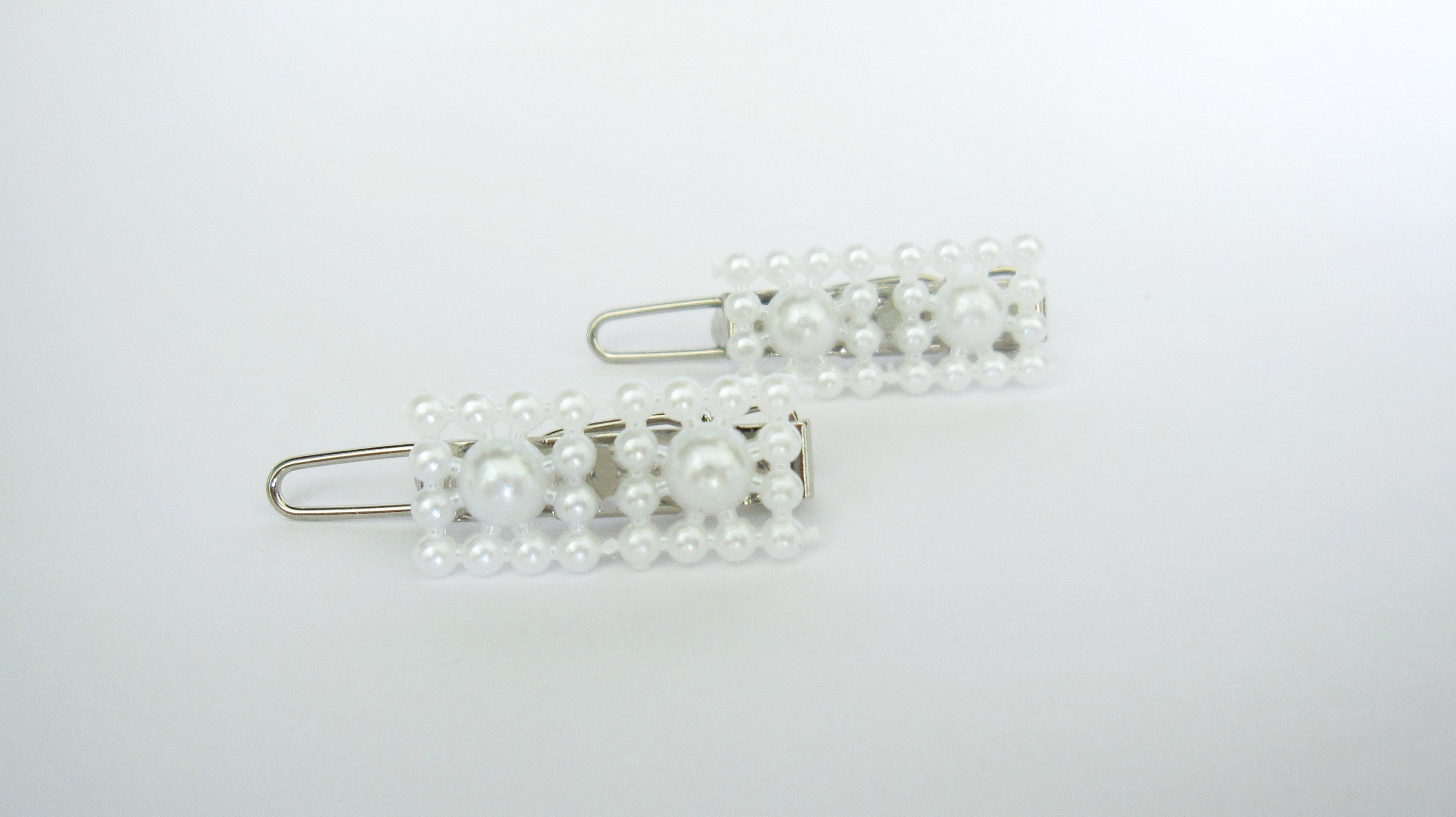 Two Small Tiny Rectangle White Pearl Hair Pin Clip Barrettes Fine Hair