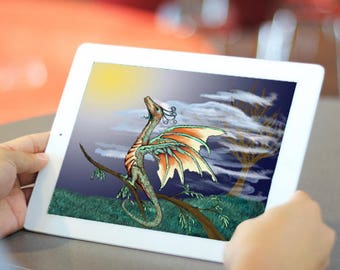 Green Dragon iPad Lock Screen Wallpaper / Digital Fantasy DnD Inspired Tablet Background
