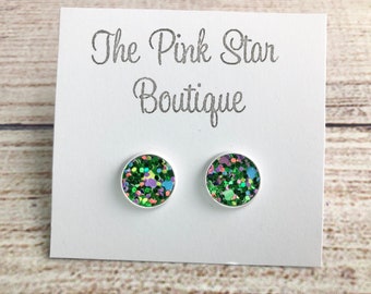 Green, Pink and White Glitter St. Patrick's Day Stud Earrings