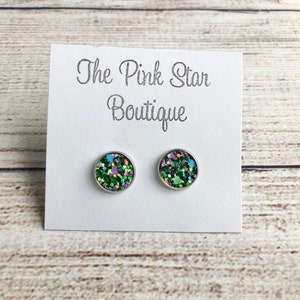 Green, Pink and Silver Glitter St. Patrick&#39;s Day Stud Earrings