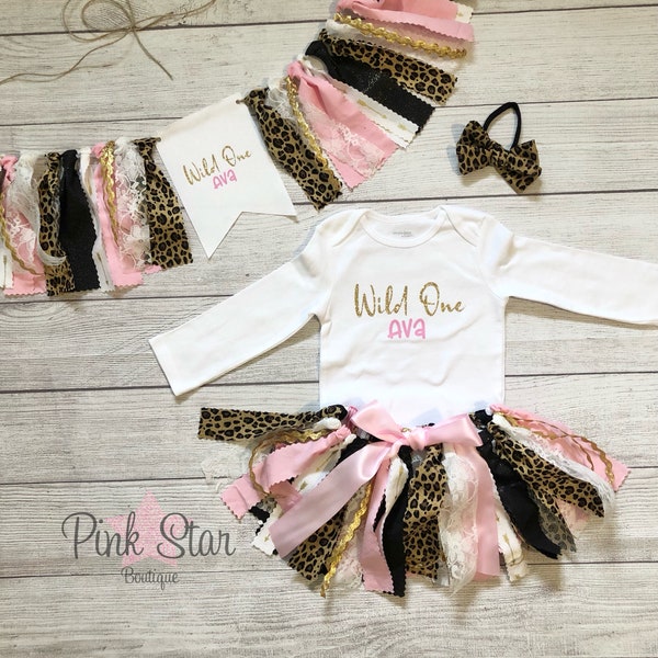 Pink & Gold Wild One Birthday Tutu Outfit - Personalized Cheetah Birthday Outfit -