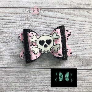 Skull Halloween Glitter Hair Bow - Pink, black and White Bow - Glow In The Dark Bow