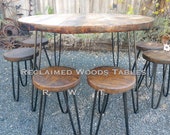 Amanda 39 s custom round barnwood dining table and 6 matching matte black bronzed stools custom blackened bronzed copper metal hairpin legs