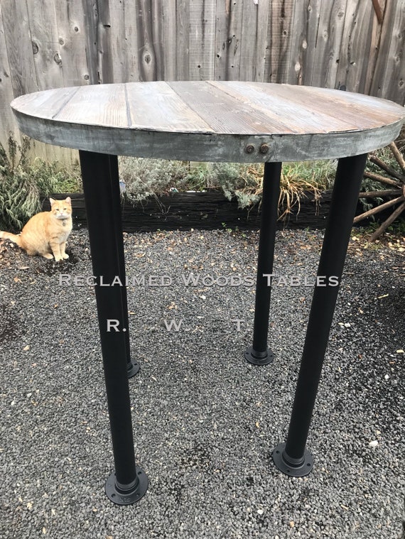 Reclaimed Pub Table Galvanized Steel Pipe Feet Matte Black Round Wood Metal Edge Top